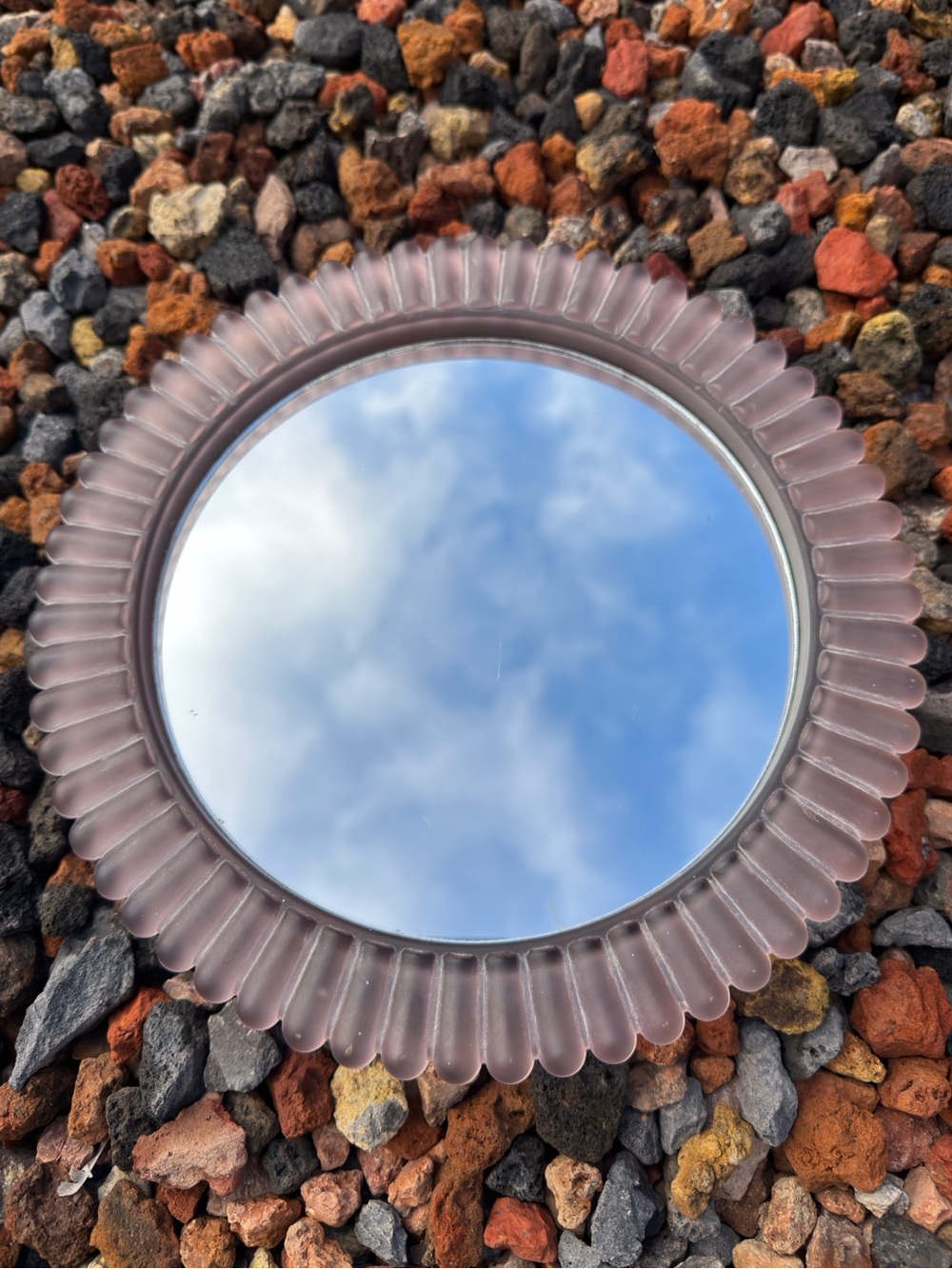Vintage Pink Glass Mirror Vanity Tray Round Scalloped Ribbed Dresser Trinket